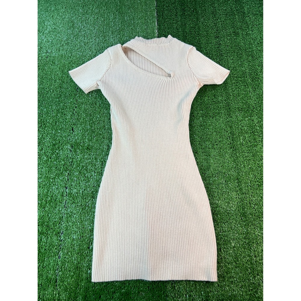 Supre Ribbed Cut Out Neck Short Sleeve Bodycon Dress Beige Casual Mini‎ Small